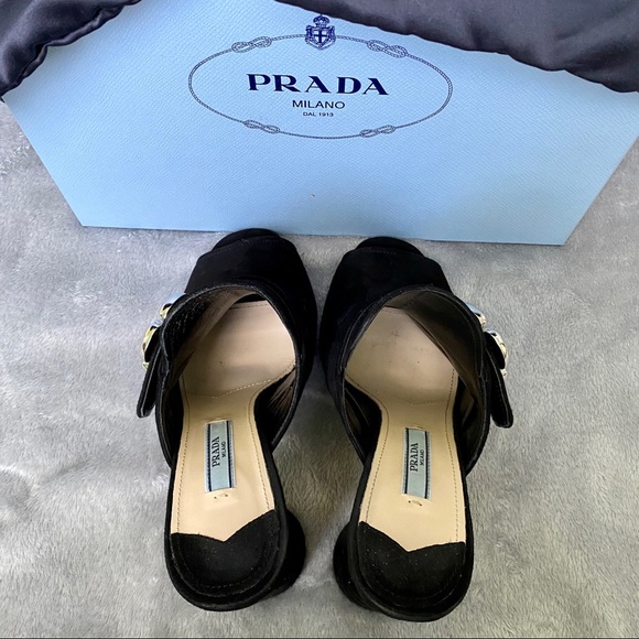 Prada Mule Heels Black Suede Metal Flower - Picture 4 of 8